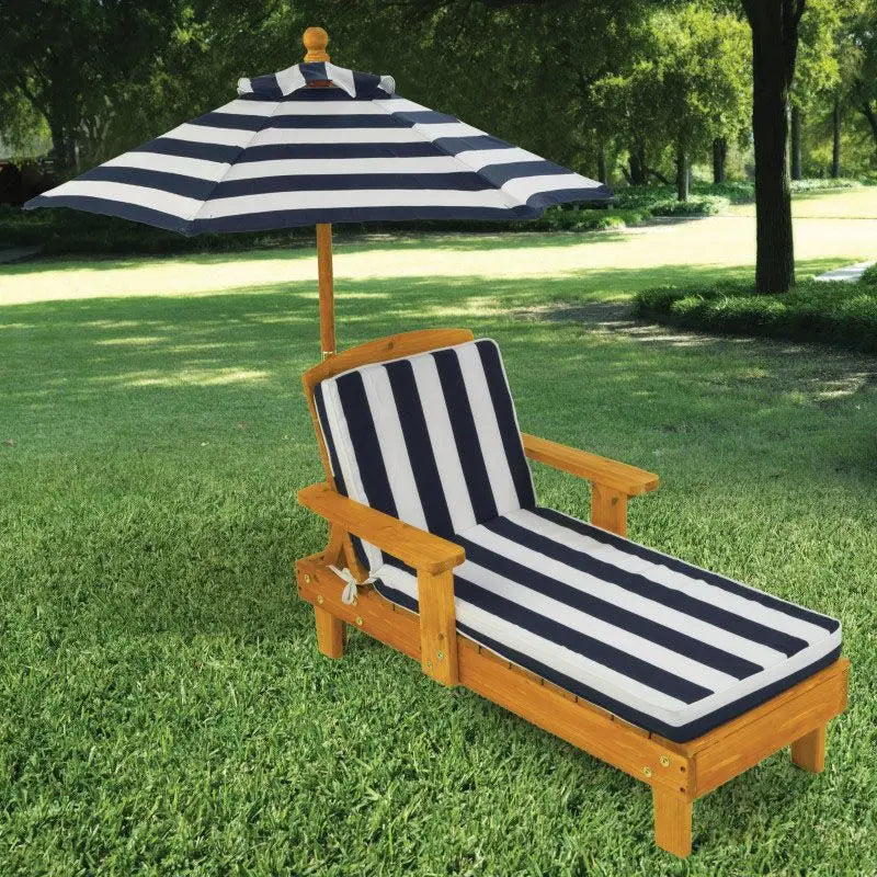 Outdoor Chaise w/ Umbrella & navy stripe fabric