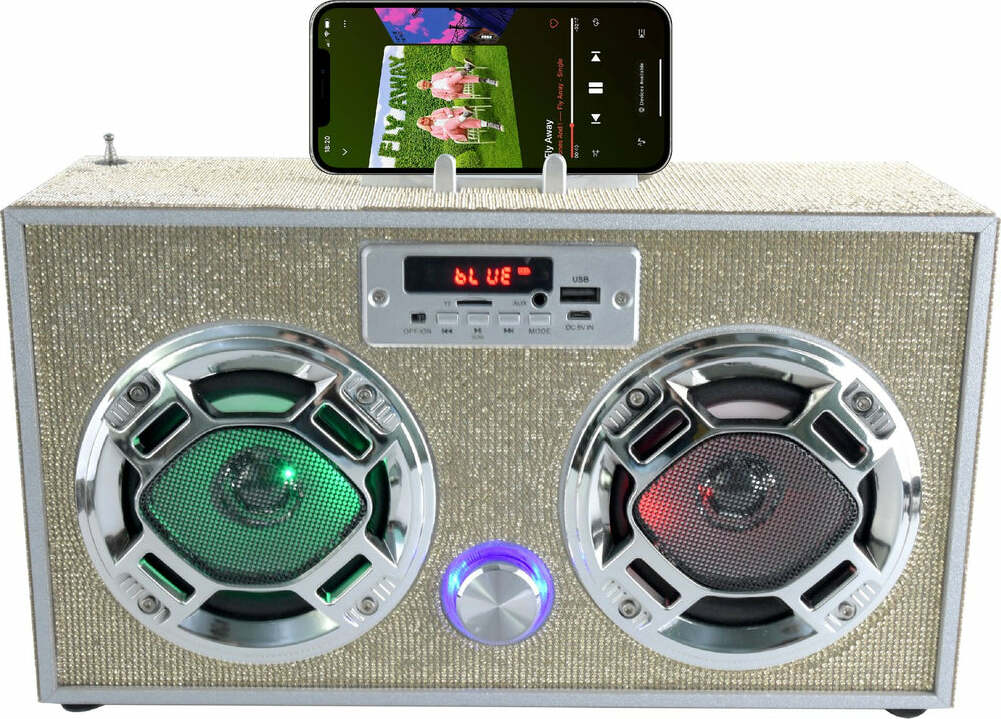 Bluetooth FM Radio W LED Speakers Gold Bling Boombox