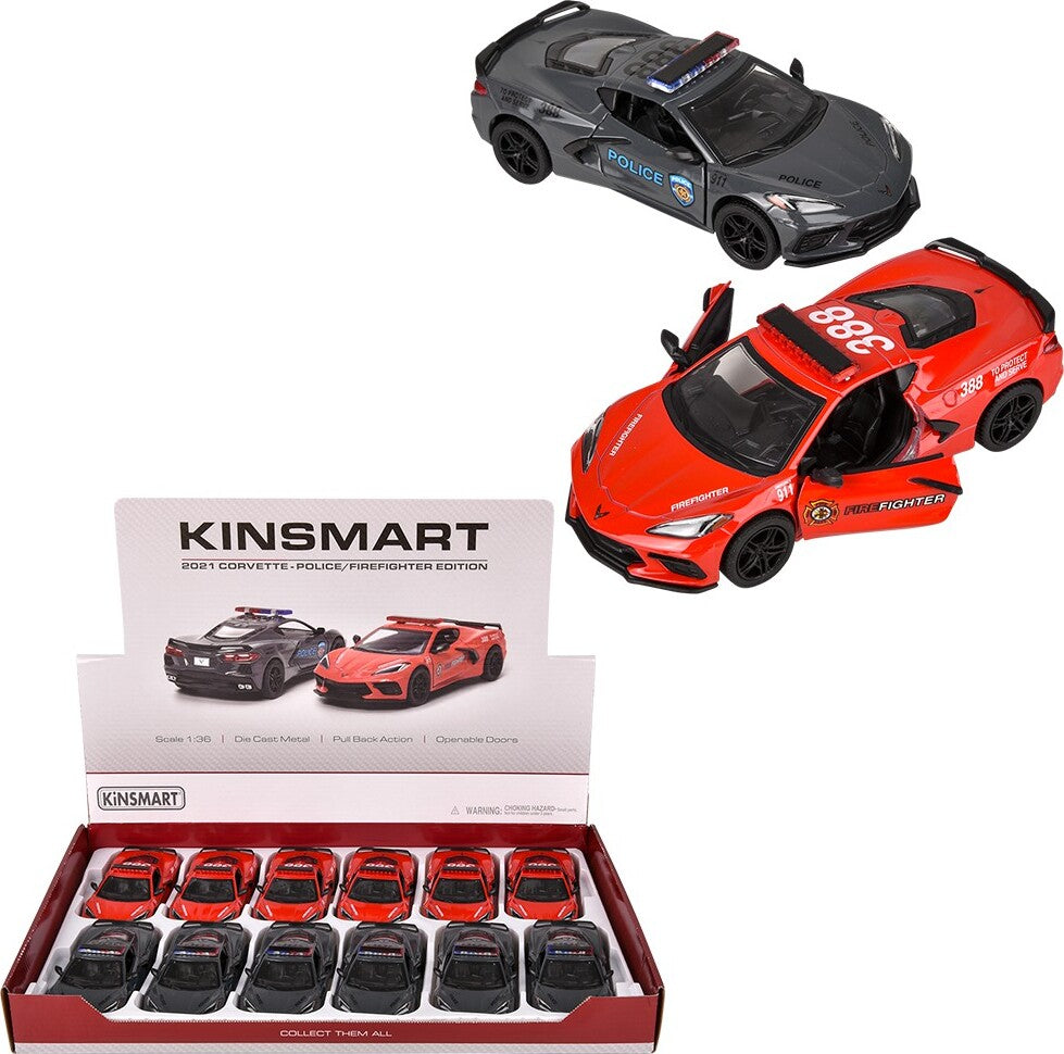 5" Diecast Pull Back 2021 Corvette Police/ Firefighter