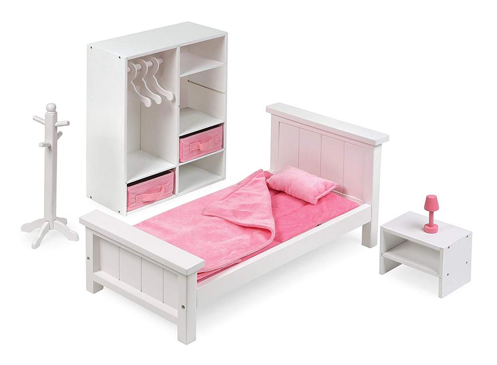 Doll Bedroom Set Assembled w/Bed, Armoire, Nightstand and Coat Rack