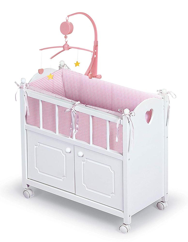 White Doll Crib Assmbled with Bedding, Mobile and Wheels