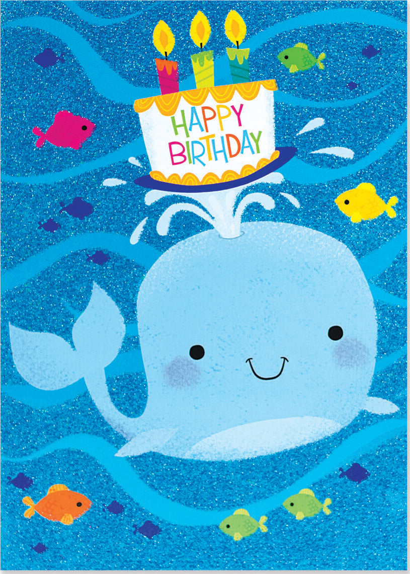 Whale With Cake Glitter Card