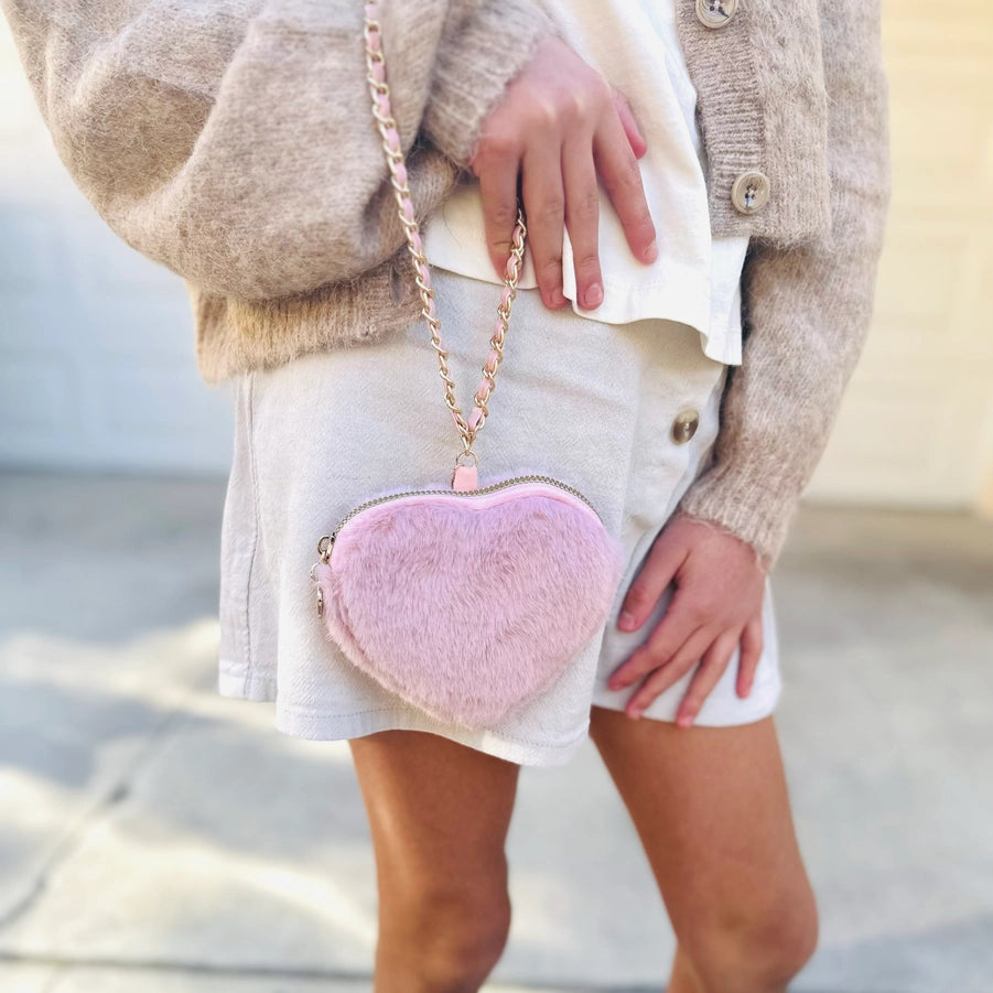 Pink Fuzzy Heart Coin Purse Wristlet