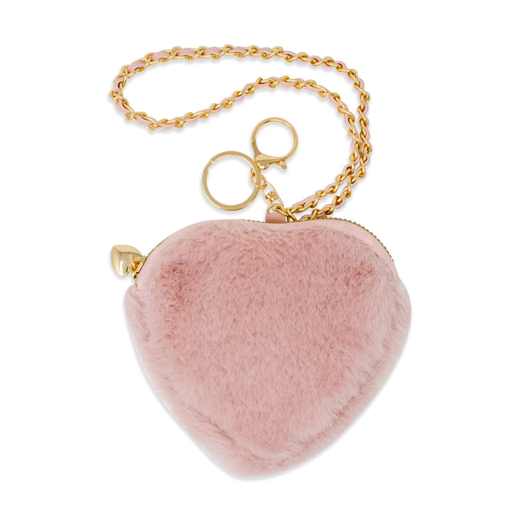 Blush Pink Fuzzy Heart Coin Purse Wrist