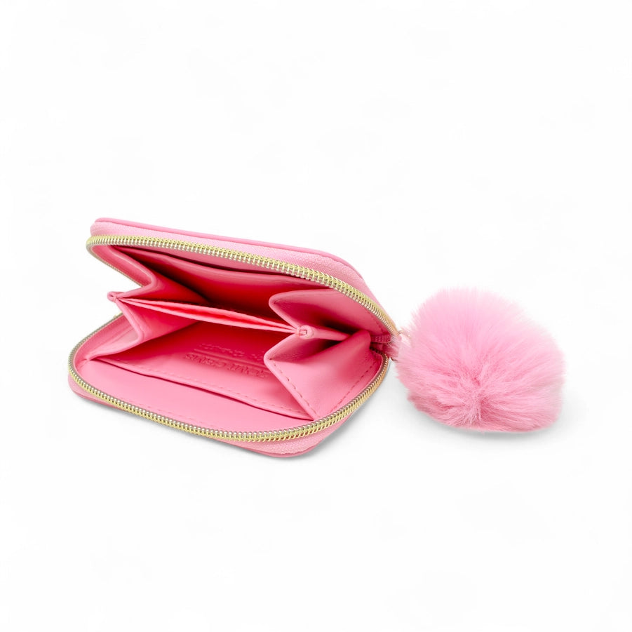 Pink Teddy Pom Zip Wallet