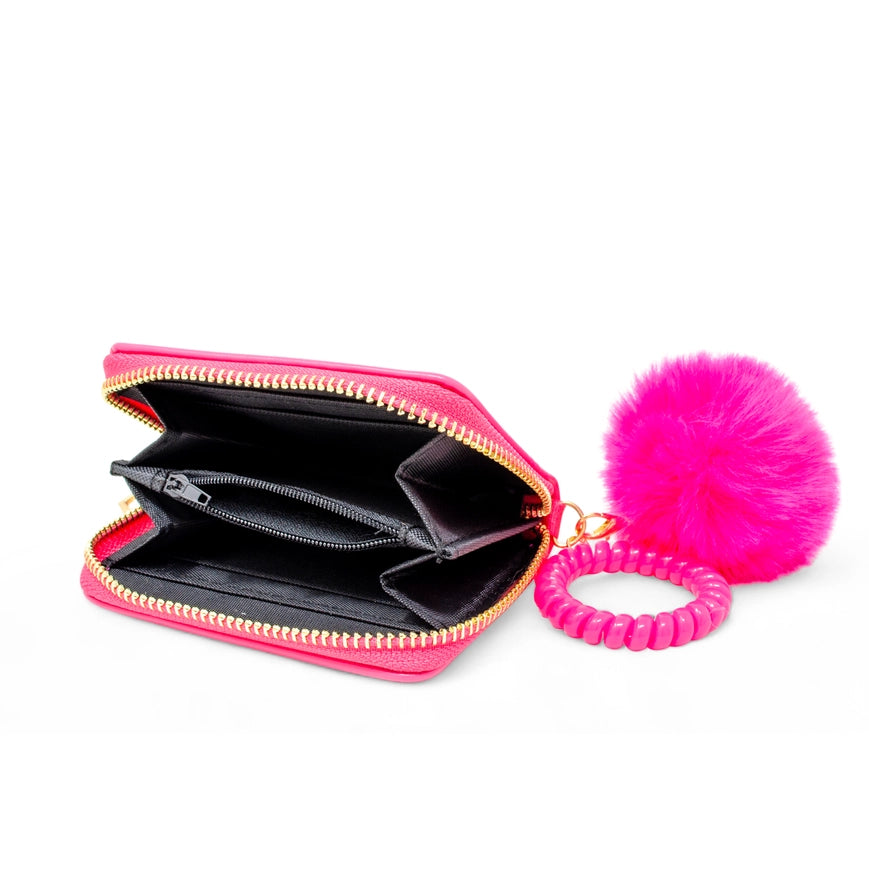 3D Bow Pom Pom Wallet Hot Pink