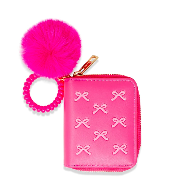 3D Bow Pom Pom Wallet Hot Pink