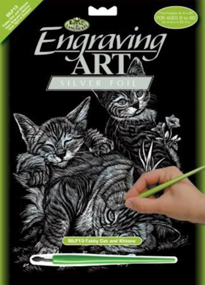 Royal Brush Manufacturing Engraving Art Silver Foil Tabby Cat and Kittens