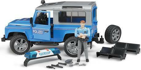 Land Rover Defender Station Wagon Police vehicle with Light & Sound-Module and policeman (blue/silver)