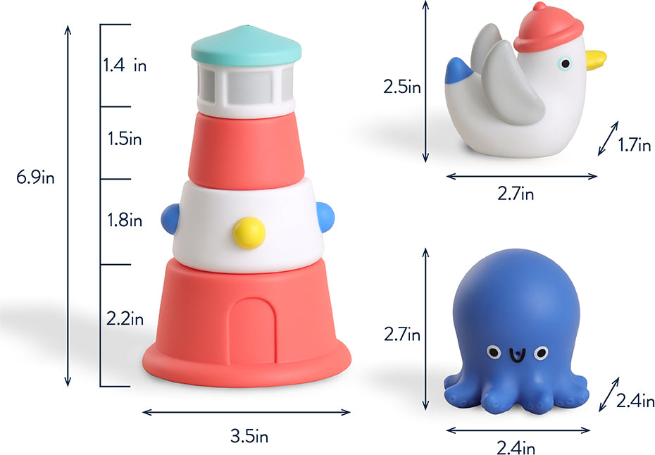 Itzy Stack & Squirt™ - Stackable Lighthouse & 2 Bath Squirters (Nautical)