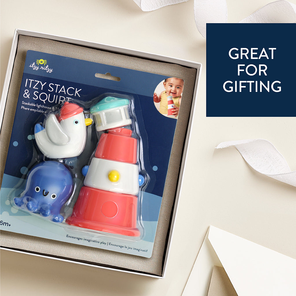 Itzy Stack & Squirt™ - Stackable Lighthouse & 2 Bath Squirters (Nautical)