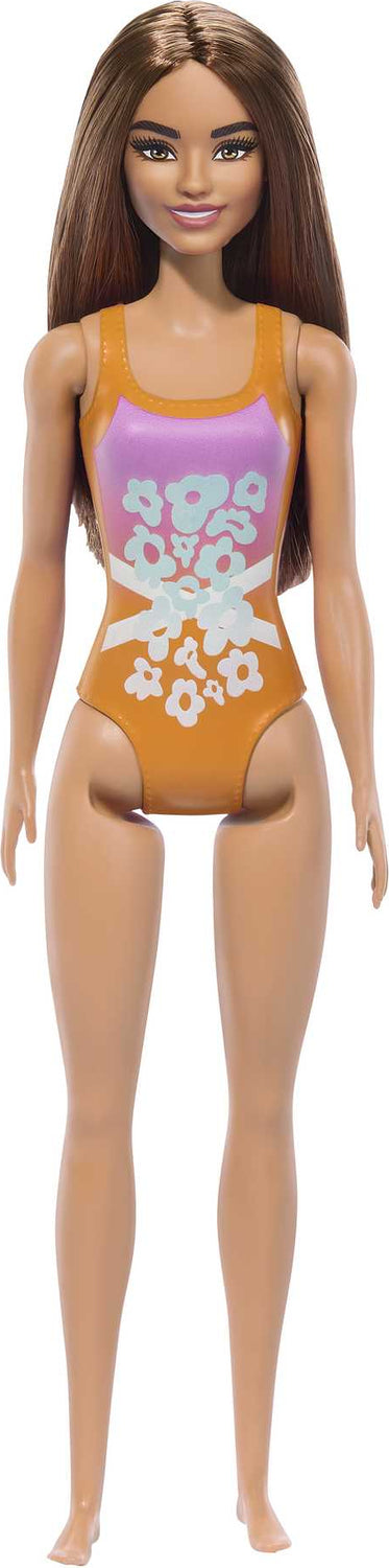 Barbie Beach Doll with Light Brown Hair Wearing Tropical Pink and Orange Swimsuit