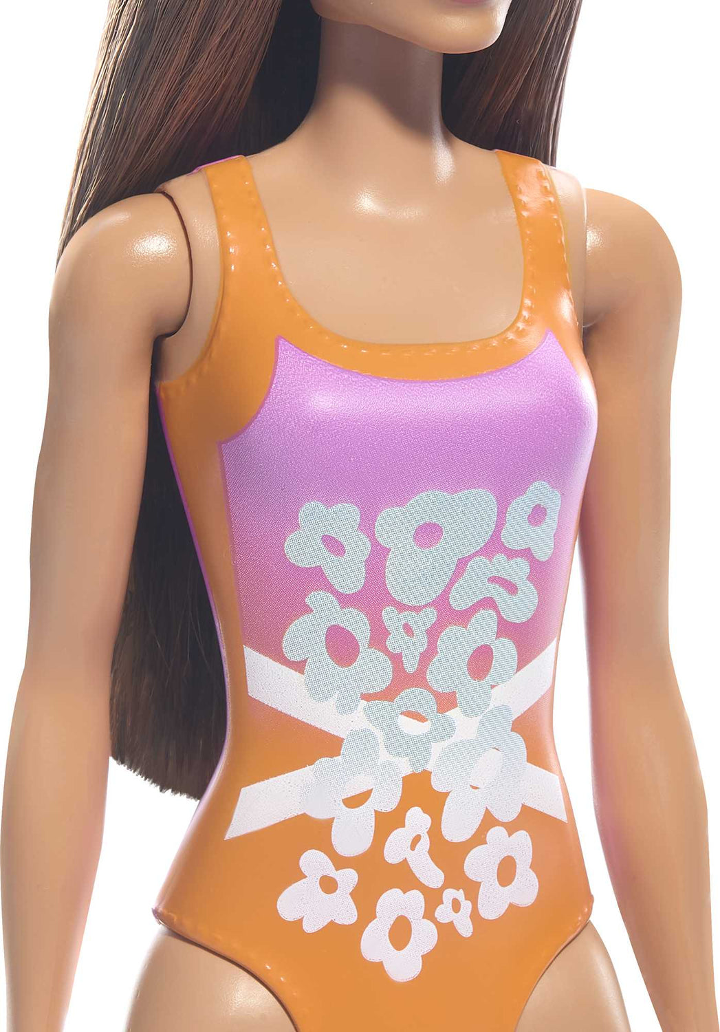 Barbie Beach Doll with Light Brown Hair Wearing Tropical Pink and Orange Swimsuit