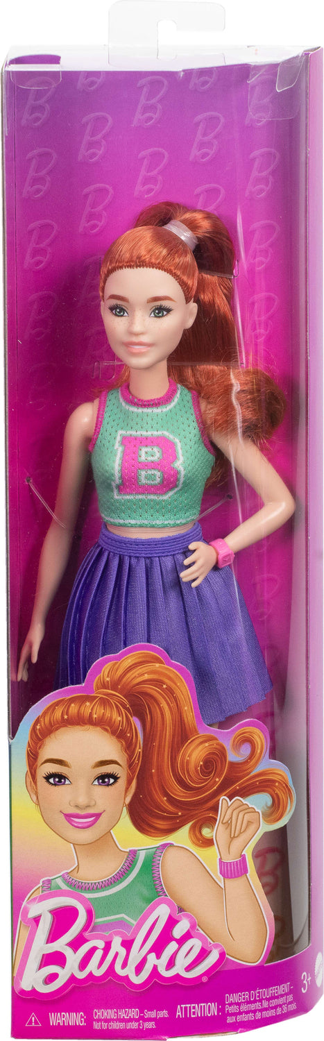 Barbie Fashionistas Doll #232 in Jersey Top and Pleated Purple Skirt, Red Hair