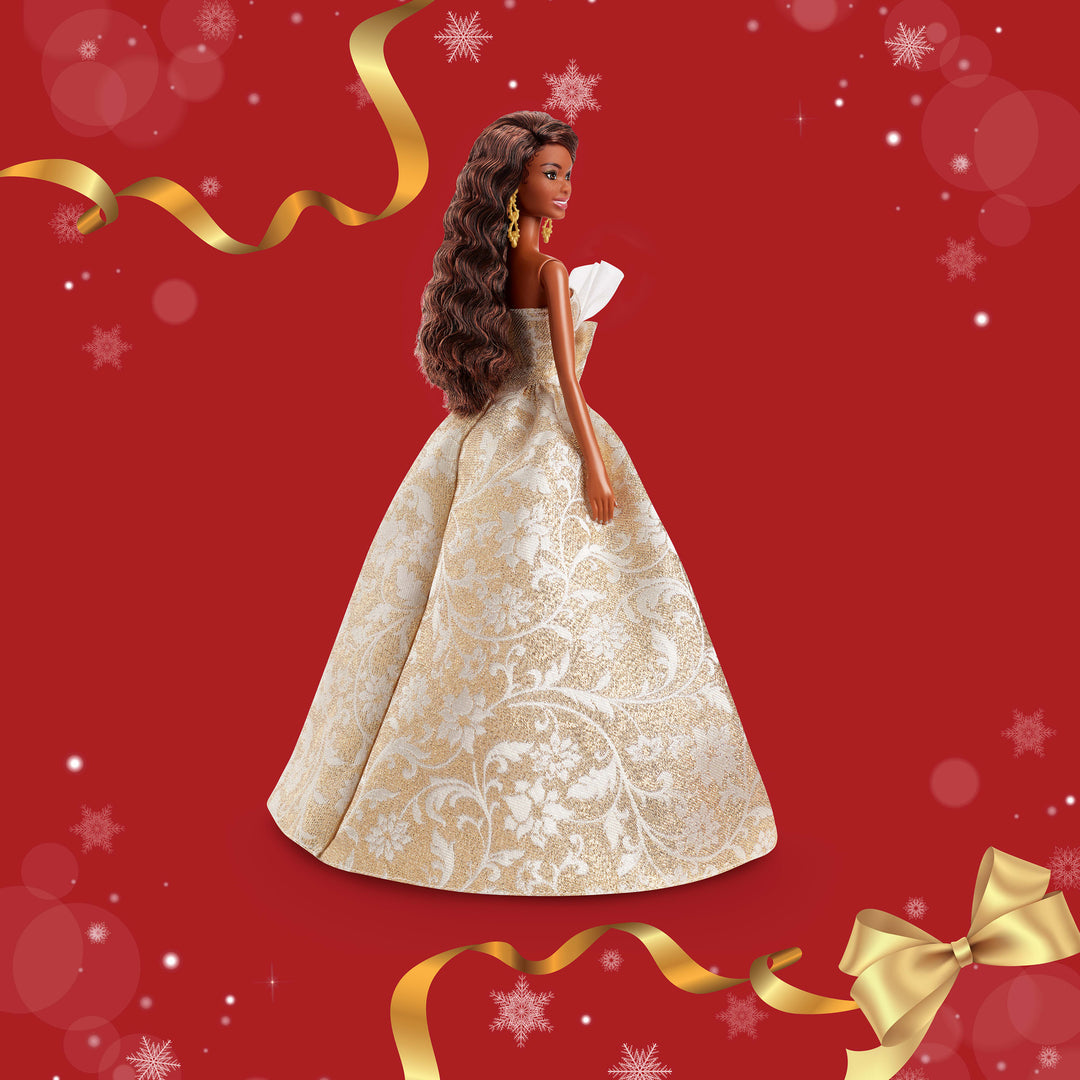 Barbie Signature 2025 Holiday Fashion Doll, Seasonal Collector, Black Hair with Silver & Gold Gown