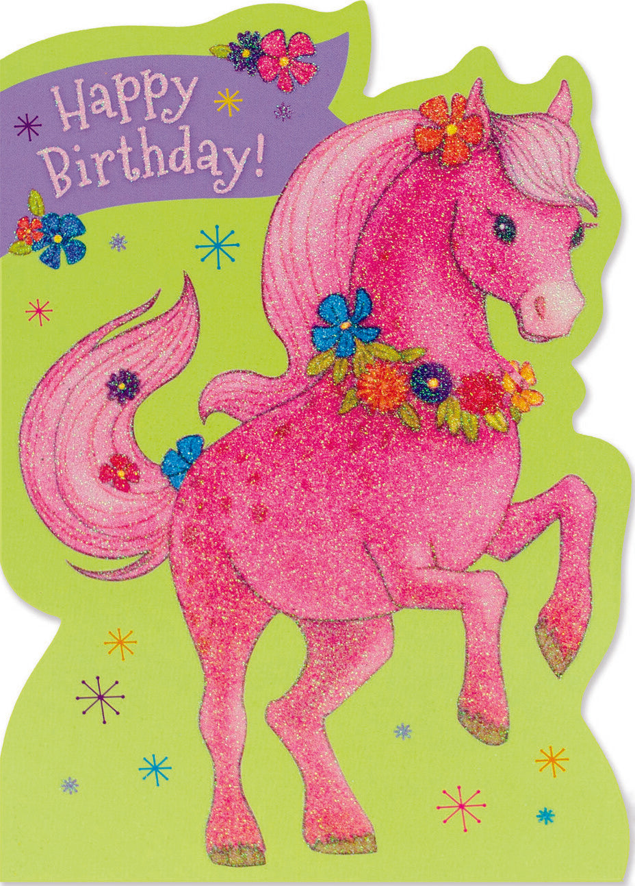 Pink Pony Glitter Birthday Card