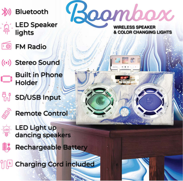 Bluetooth FM Radio W LED Speakers Blue Swirl Boombox