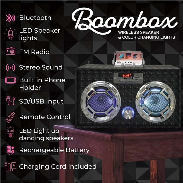 Bluetooth FM Radio W LED Speakers Black Boombox