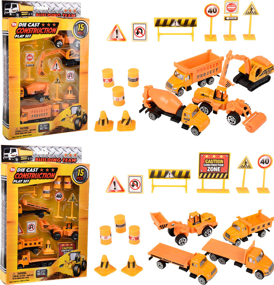 15Pc Diecast Construction Vehicles Play Set